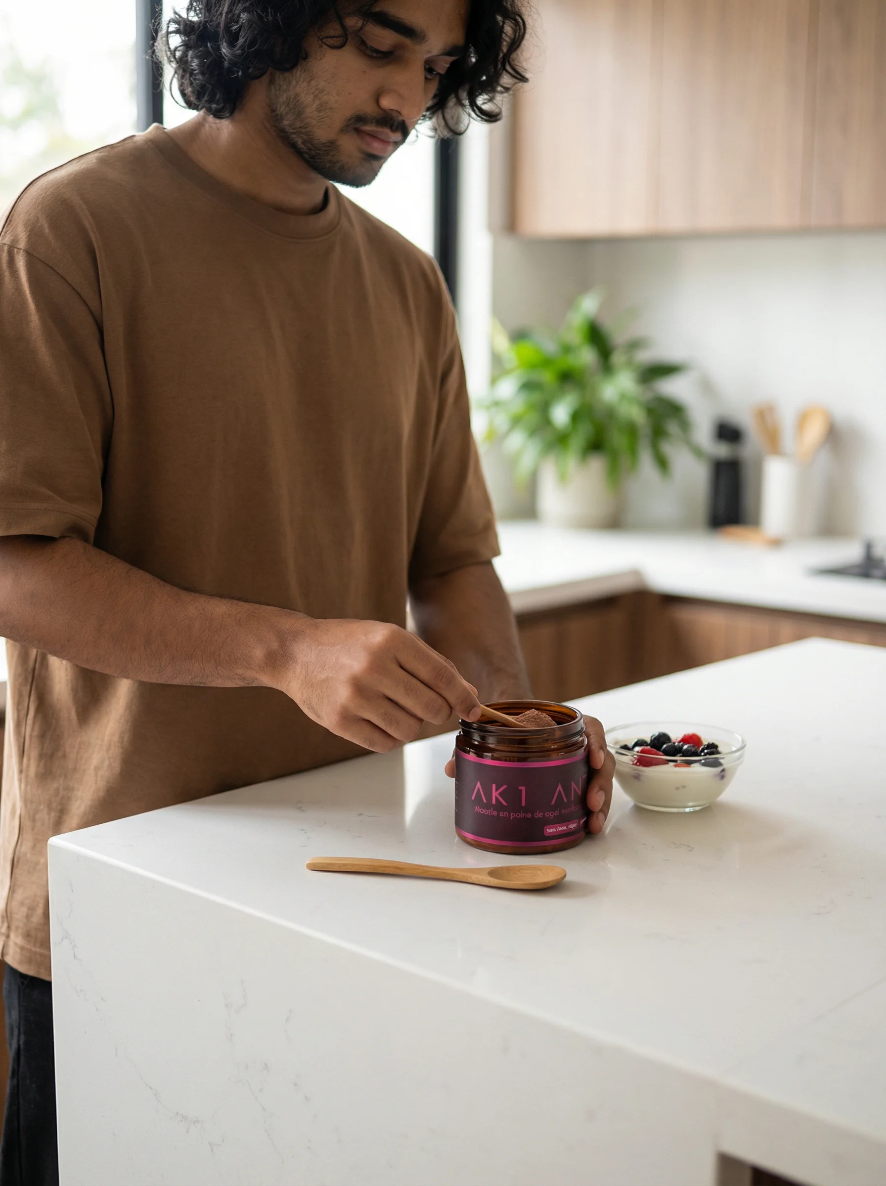 Hombre preparando suplemento AK1 en cocina