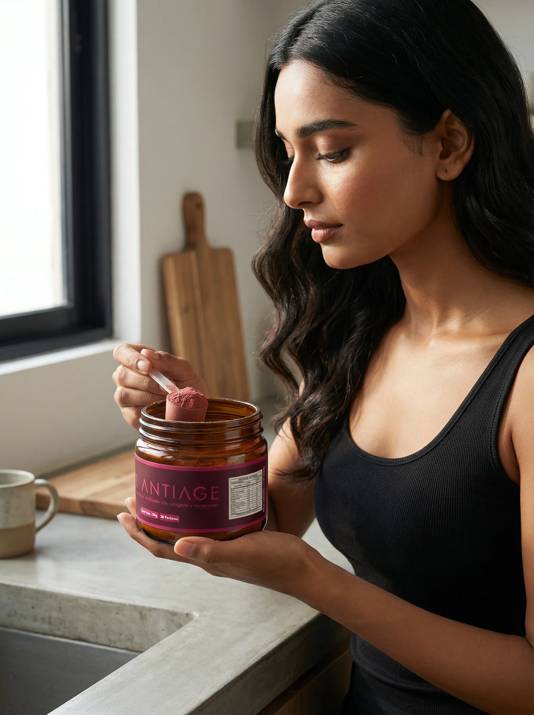 Mujer preparando AK1 ANTIAGE en la cocina